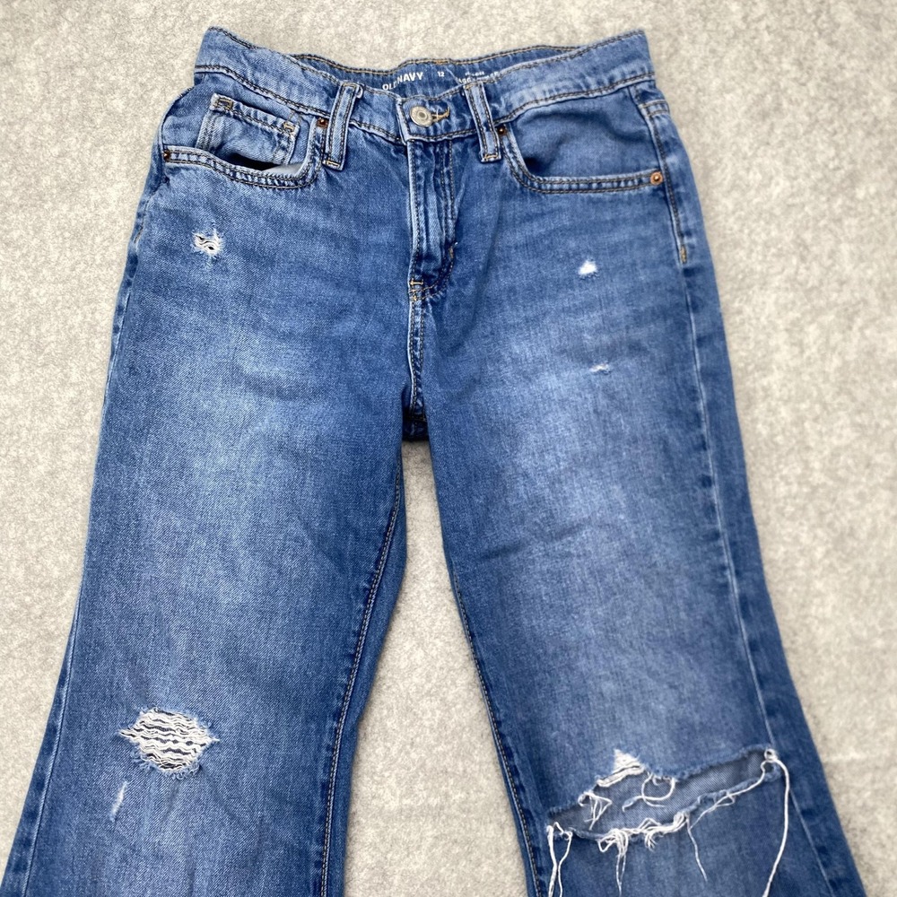Old Navy High-Rise Baggy Flare Jeans Womens 12 (24x26) Blue Distressed Denim